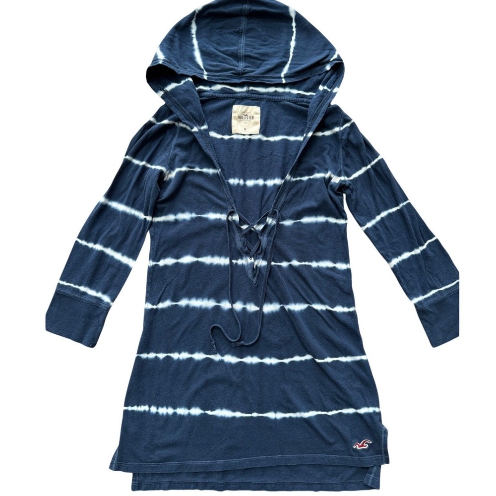 Y2K  Hollister Womens Hooded Tunic Top Navy Tie Dye‎ Stripe Size M Beachy